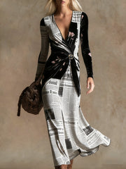 3D Geometric Line Pattern V-Neck Long-Sleeve Womens Dress