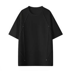Retro Rivet Patchwork Design, Loose-fit Short Sleeves