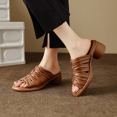 Women's Premium Genuine Lambskin Ruched Slide Sandals, Block Heel Open-Toe Mules