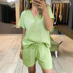 Womens Casual V-Neck Pullover Short-Sleeve Top And Shorts Set