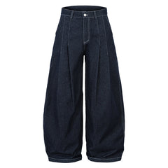 Men's High Waist Wide Leg Cut Off Denim Shorts - Blue Pleated Straight Fit Cotton Blend Jeans for Spring and Autumn