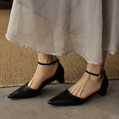 Women's Handmade Washed Leather Ankle Strap Pumps, Genuine Full-Grain Leather Pointed Toe Low Block Heel Sandals