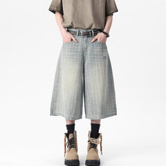 Workwear Striped Capri Denim Shorts
