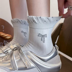 Coquette Bow Embroidered Ruffle Cuff Ankle Socks, Pastel Color Cute Knit Socks, Women's Sweet Low-Cut Socks For Mary Janes & Preppy Style