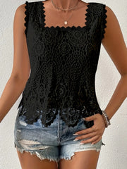 Womens Elegant Square-neck Lace Hollow-out Sleeveless Top