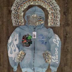 Hooded Cardigan Jacket Embroidered Print Mens Sweatshirt