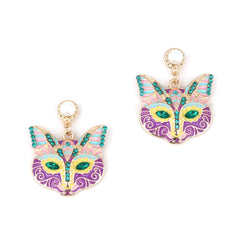 Cartoon Nine-Tailed Cat Face Alloy Earrings Inlaid With Colorful Diamonds
