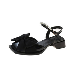 Summer Bow-Knot Pearl Low-to-Mid-Heel Leather Shoes