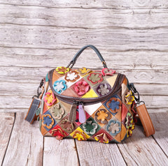 Full-grain Leather Handmade Floral Contrast-color Patchwork Tote Shoulder Bag