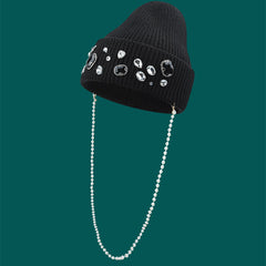 Fashion Pearl Chain Diamond Wool Cap