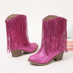 Western-style Runway Chic Chunky-heeled Fringed Ankle Boots
