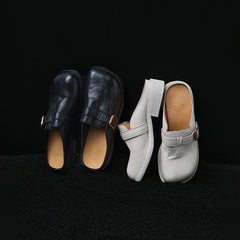 Women's Washed Full Grain Leather Buckle Mules, Retro Low Block Heel Backless Shoes