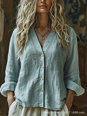 Women's V-Neck Linen Loose-Fit Long-Sleeve Shirt