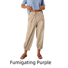 Buttoned Two-tone Linen Cropped Harem Pants