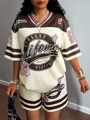 Womens Short-Sleeve V-Neck Jersey Top And Shorts Two-Piece Set