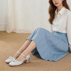 Light Blue Jacquard One-piece Platform High-heeled Women's Shoes. Oriental Beauty Pearl Buttoned Square-toe Hollow High-heeled Shoes. Elegant Versatile Single Shoes. Elegant Formal And Casual Shoes Fo