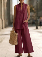 Women's Sleeveless V-Neck Casual Cotton And Linen Set