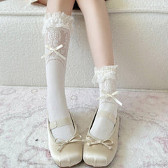 Spring & Summer Lace Trim Solid Color Mid-Calf Socks, Women Thin Bow Slouchy Socks, JK Short Ankle Socks
