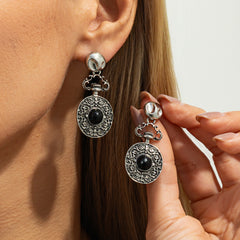 French Retro Hollow Floral Dial Fashionable Geometric Diamond-Encrusted Long Tassel Earrings