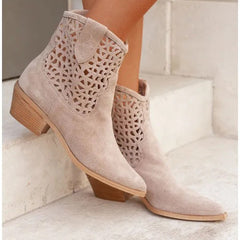 Womens Plus-Size Fashion Ankle Boots With Hollowed-Out Design And Chunky Heel