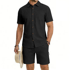 Mens Short-Sleeve Button-Down Shirt Drawstring Shorts Two-Piece Set