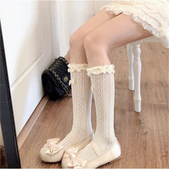 Sweet Lolita Over-the-Knee & Mid-High Socks, Lace Ruffle Mesh Hollow Socks For Girls