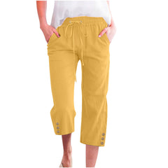 Womens Solid-Colored Drawstring Cotton-Linen Casual Loose-Fit Home Cropped Pants With Buttons And Pockets