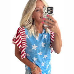 Summer Pullover Top With A Round Neck And Ruffled Sleeves