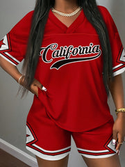 Womens Short-Sleeve V-Neck Jersey Top And Shorts Two-Piece Set
