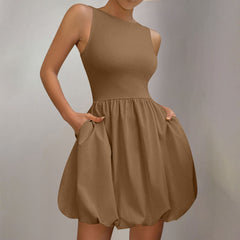 Round-neck Puffy Skirt Solid-color Ruffled Hem Zip-detail Sleeveless Dress
