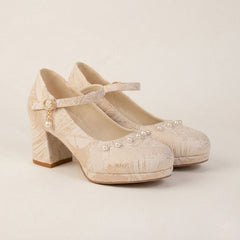 White And Beige Jacquard Mary Jane Style Women's Shoes With Thick Soles And Pearl Bow Straps, Waterproof Platform High Heels, Elegant And Versatile Wedding Shoes, Bridesmaid Shoes, Formal High Heels F