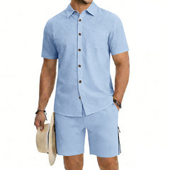 Mens Short-Sleeve Button-Down Shirt Drawstring Shorts Two-Piece Set