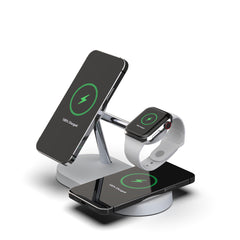 Multifunktionales 5-in-1-Ladegerät mit Magnetverschluss: kabelloses Laden für Smartwatch, Headset, Handy und Schreibtisch. Inklusive 15-W-Schnellladefunktion.
