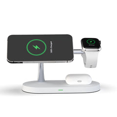 Multifunktionales 5-in-1-Ladegerät mit Magnetverschluss: kabelloses Laden für Smartwatch, Headset, Handy und Schreibtisch. Inklusive 15-W-Schnellladefunktion.