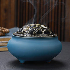 Copper Lid Ceramic Incense Burner Buddha with Antique Alloy Wire Incense Burner