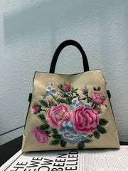 Tote Bag With Embroidered Peony Flowers Ethnic-style Textured Design