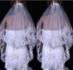 Bridal Sequined Polyester Veil Face Cover Two Layers Lace Sideband