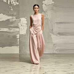 Womens Round-Neck Loose Sleeveless Top And High-Waist Pants Two-Piece Set