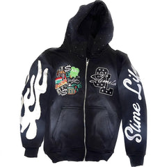 Hooded Cardigan Jacket Embroidered Print Mens Sweatshirt
