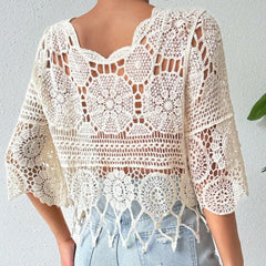 Crochet Hollow-Out Knit Top Solid Color Beach Bikini Cover-Up Skin-Friendly Tassel Casual Blouse