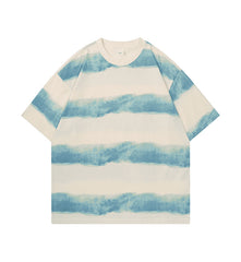 Tie-dye Washed Striped Short-Sleeve Mens Cotton T-Shirt