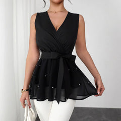Women's New Lace-Up Beaded V-Neck Sleeveless Tank Top