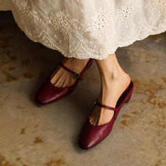 Women's Washed Full Grain Leather Mary Jane Mules, Low Heel Square Toe Slide Sandals