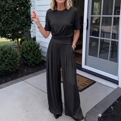 Womens Loose Crew-Neck T-Shirt And Wide-Leg Pants Two-Piece Set