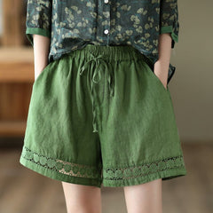 Thin Elastic-Waist Lace-up Hollowed-Out Casual Cotton-Linen Straight Pants