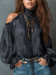 Retro Cashew-print High-neck Off-shoulder Chiffon Blouse
