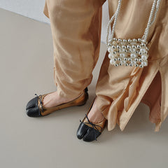 Women's Premium Full Grain Leather Split Toe Ballet Flats, Retro Tabi Bow Flat Shoes
