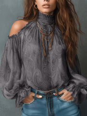 Retro Cashew-print High-neck Off-shoulder Chiffon Blouse