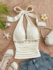 Women's Summer Fashion Beach Vacation Starfish Shell Ribbon Decorative Knitted Texture Fabric Halter Neck Strap Top