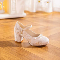 White And Beige Jacquard Mary Jane Style Women's Shoes With Thick Soles And Pearl Bow Straps, Waterproof Platform High Heels, Elegant And Versatile Wedding Shoes, Bridesmaid Shoes, Formal High Heels F